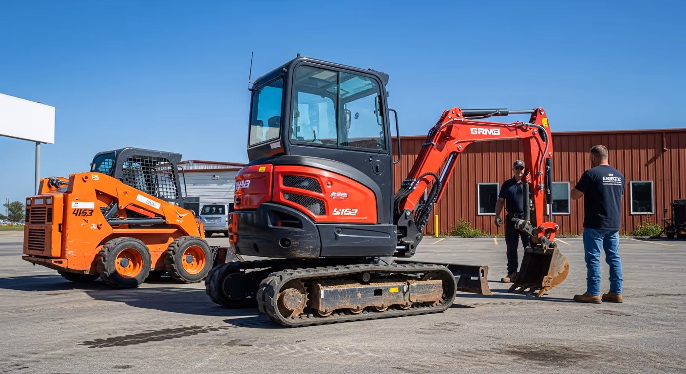 Men talking next to mini excavator